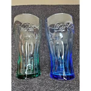 Vintage Coca Cola Glasses Set 2 Green Blue